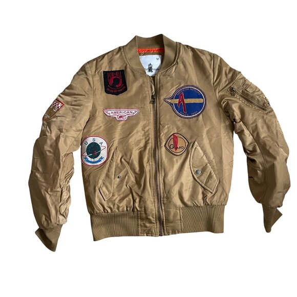 Uncle Ralph Mens Medium Bomber Jacket With Embroidered Patches Beige & Orange - Picture 1 of 11